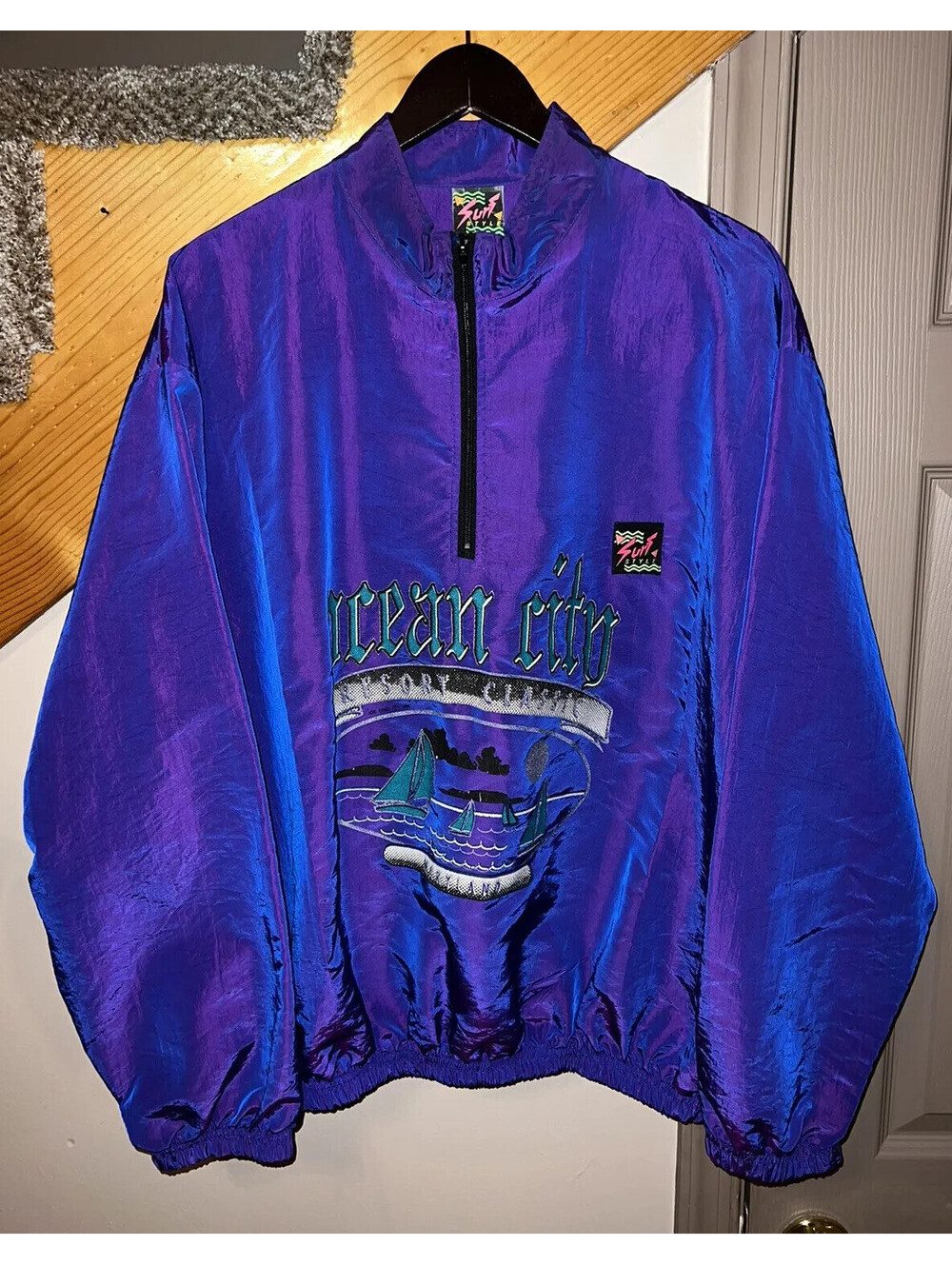 Surf Style Iridescent Purple 1/4 Zip Windbreaker Ocean City 90’s Spellout